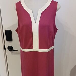 Ann Taylor Pink and White V-Neck Midi Dress